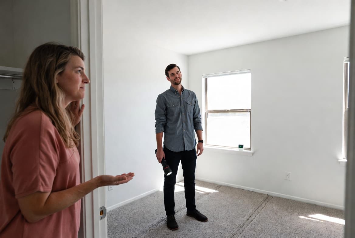Odor removal technician with flashlight inspecting a room for cat urine odor while homeowner explains the issue