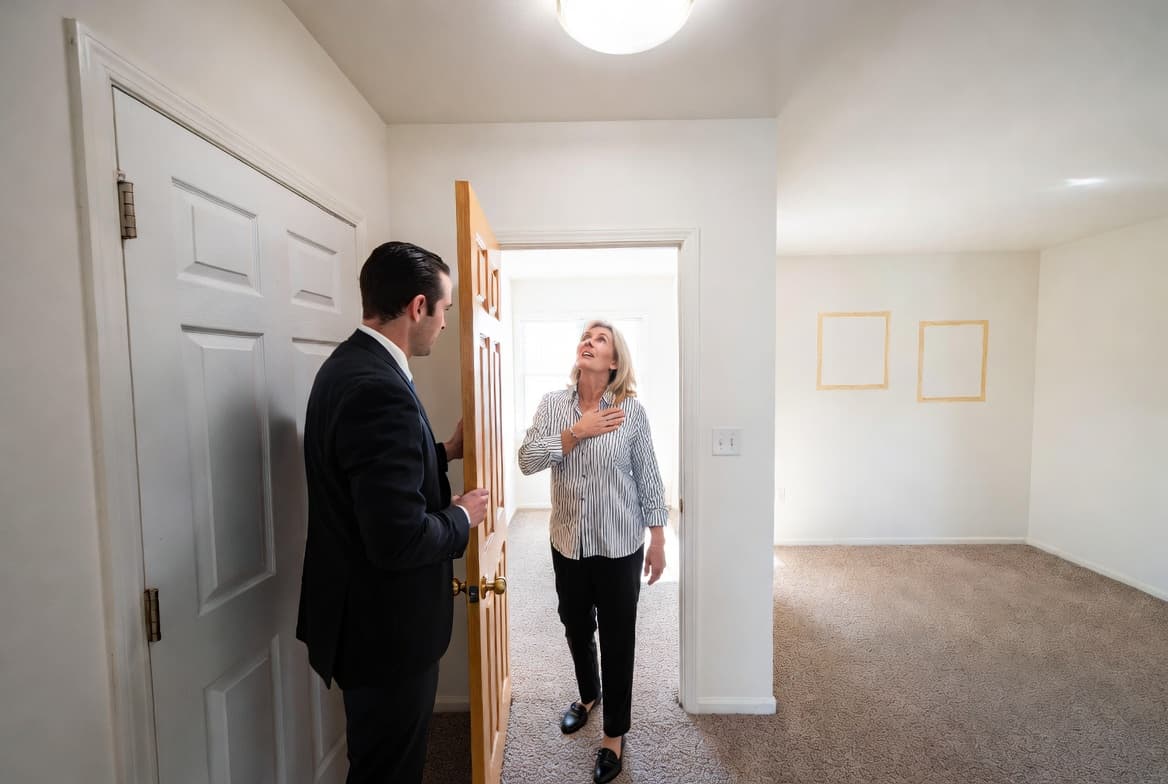 Real estate agent showing a freshly treated, odor-free rental unit to a relieved tenant