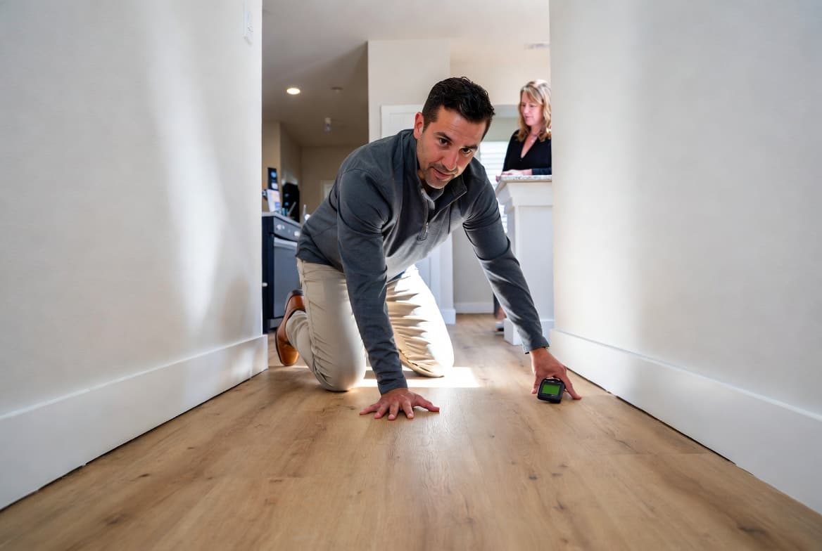 Odor removal technician using a moisture meter to inspect hardwood flooring for dog urine contamination