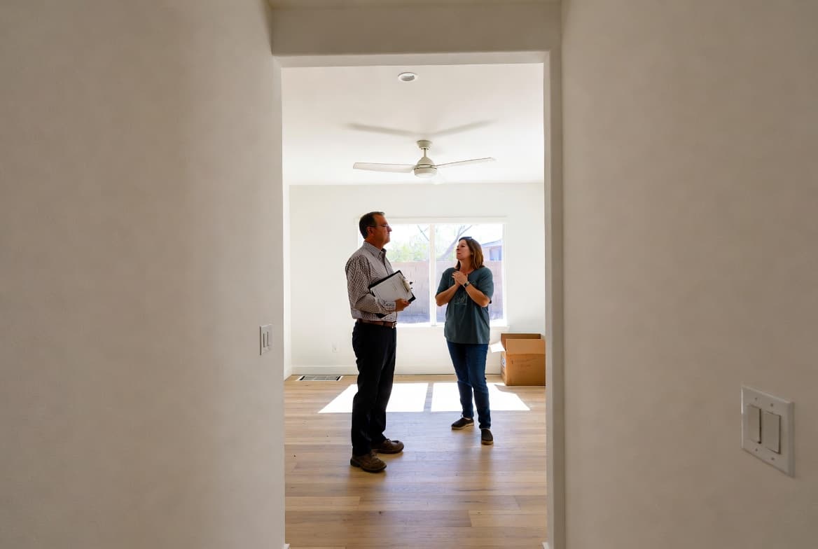 Fire damage restoration inspector with clipboard consulting homeowner in an empty room after fire remediation