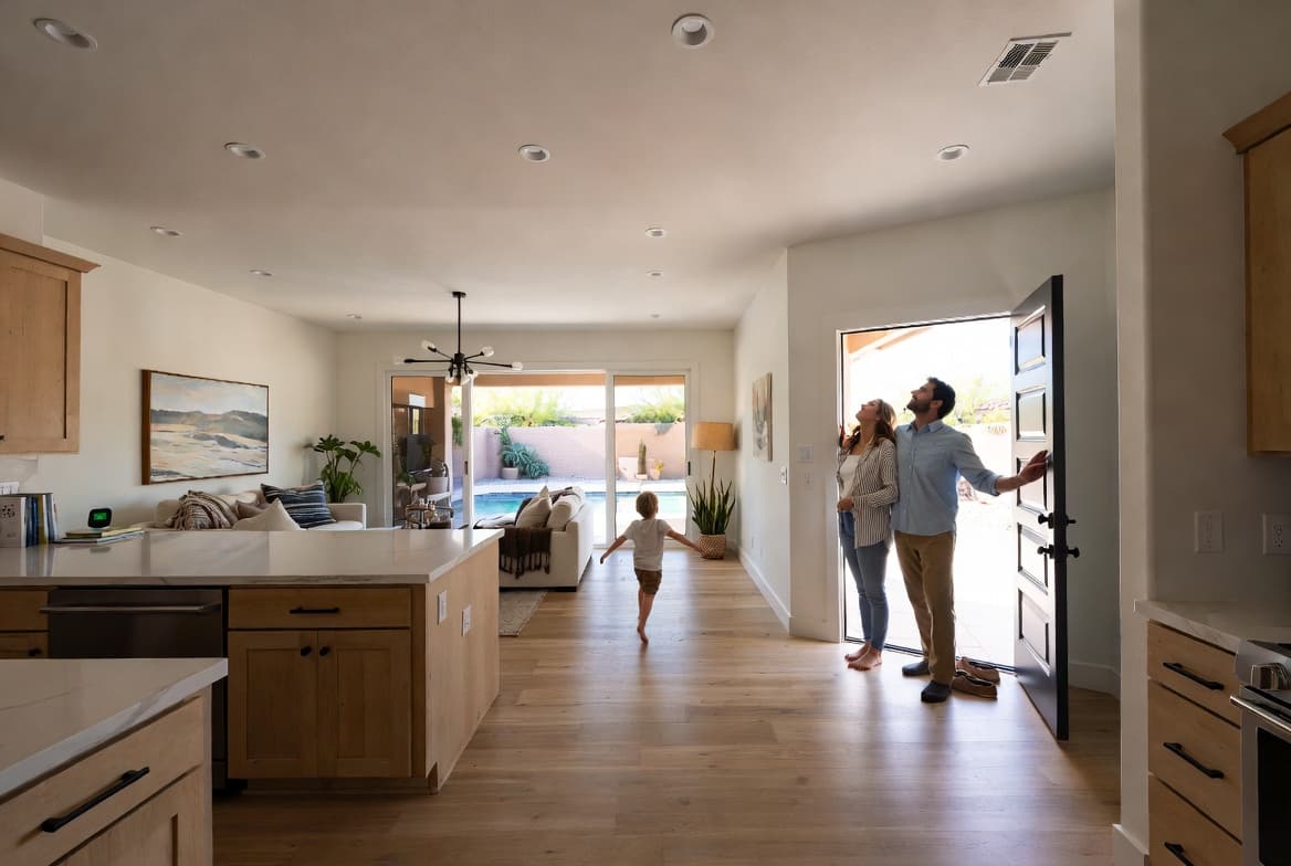 Family walking into a bright, fresh-smelling Arizona home after professional whole-house odor removal