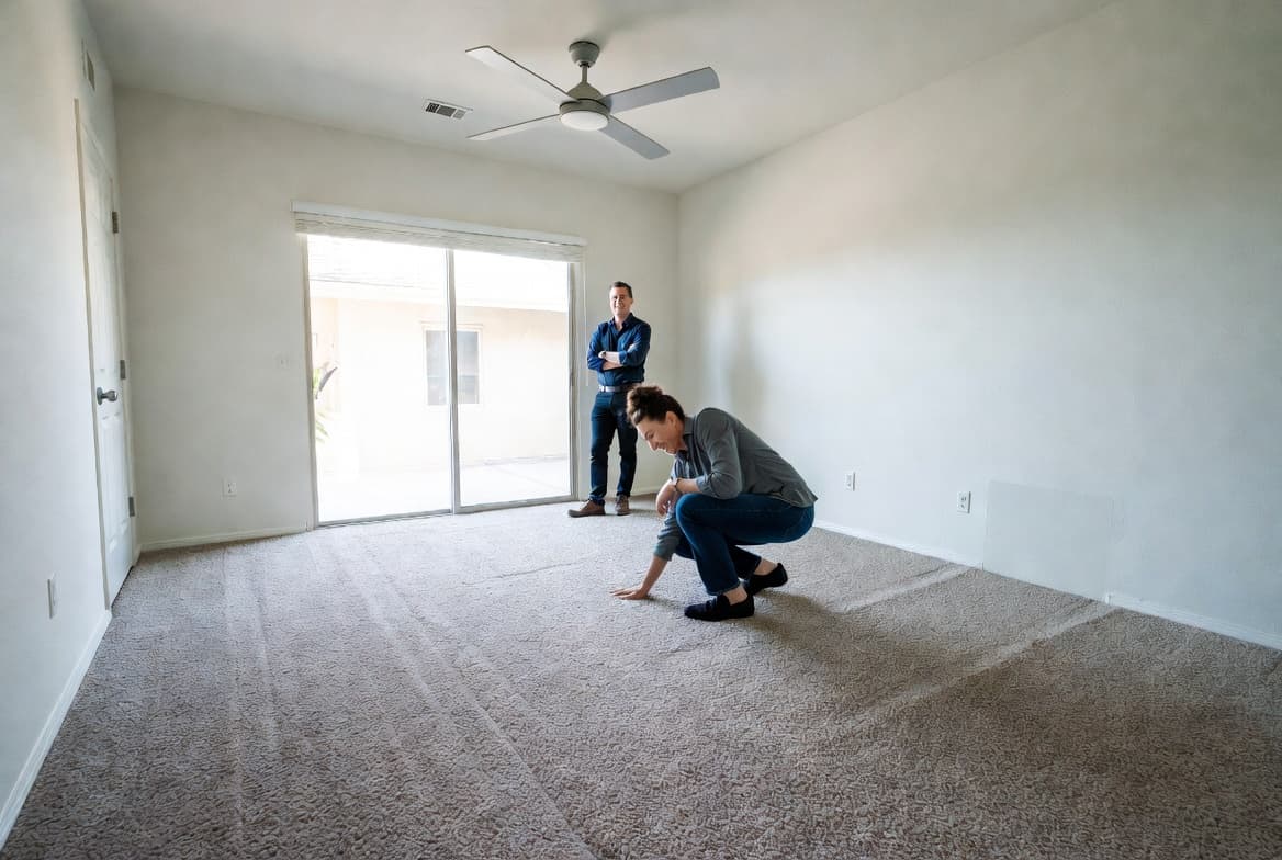 Property inspector examining carpet for pet odor in an empty room during a rental unit assessment