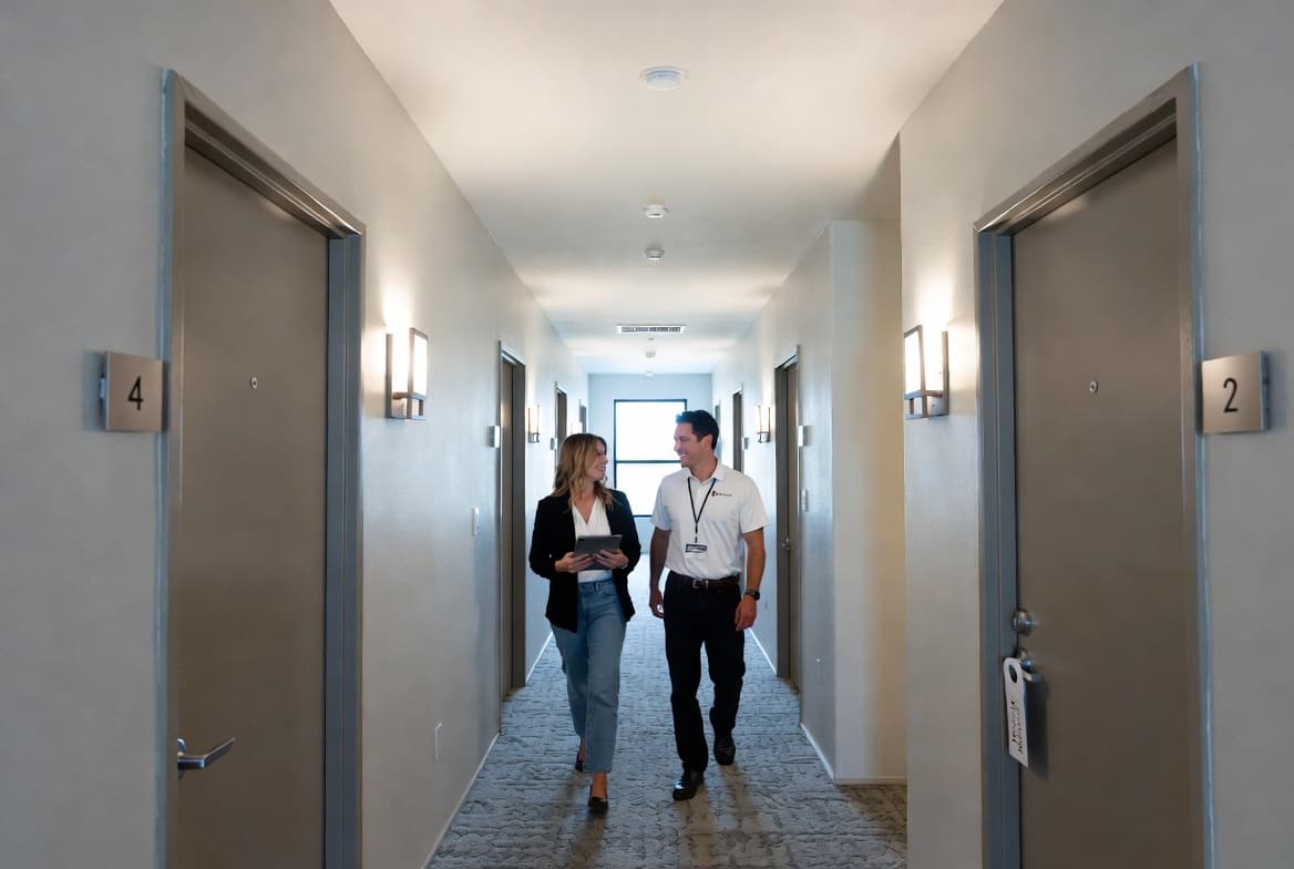 Property manager and odor removal technician walking through a hotel hallway during a property inspection