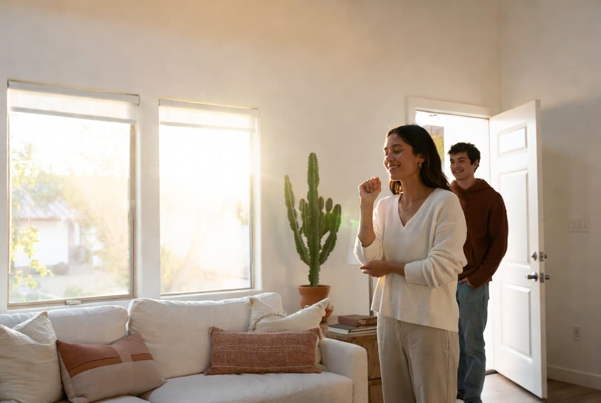 Couple walking into a bright, fresh-smelling living room after professional smoke odor removal treatment