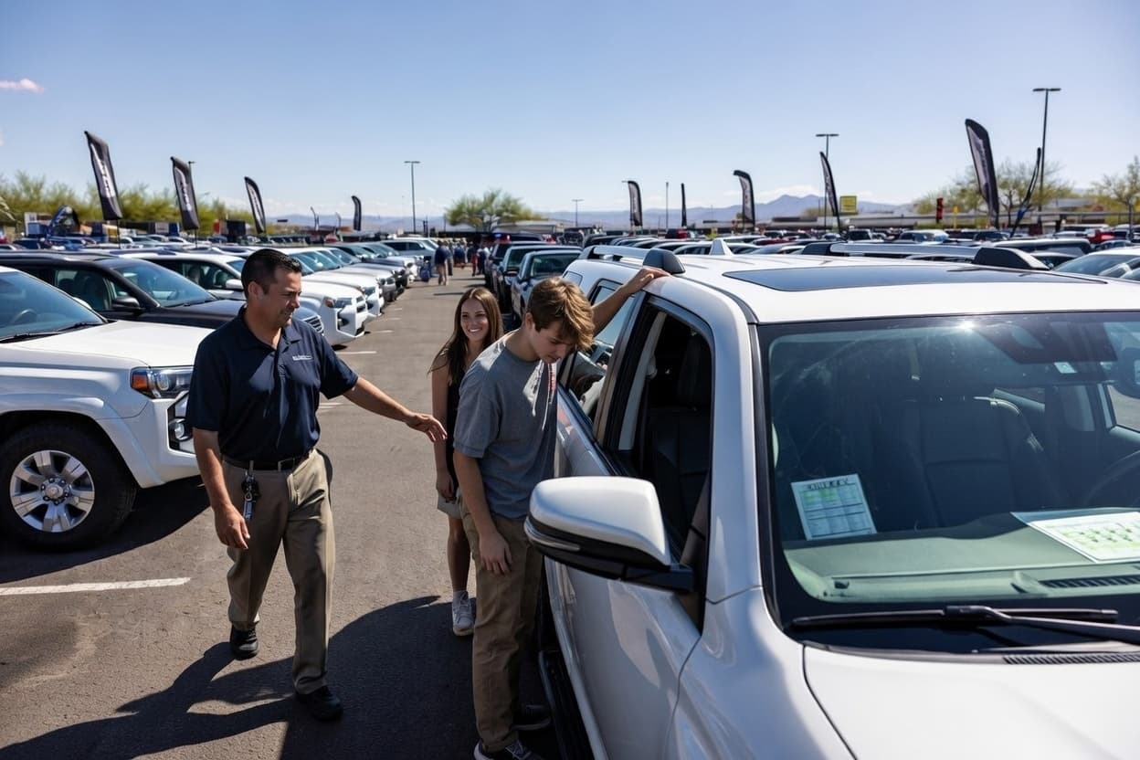 Car dealership salesman showing a used vehicle to customers on a Phoenix dealership lot