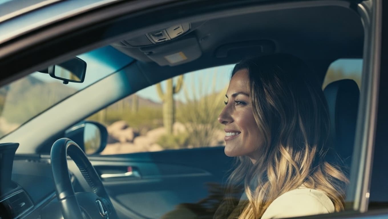 Woman enjoying a fresh, odor-free car interior after professional vehicle odor removal treatment